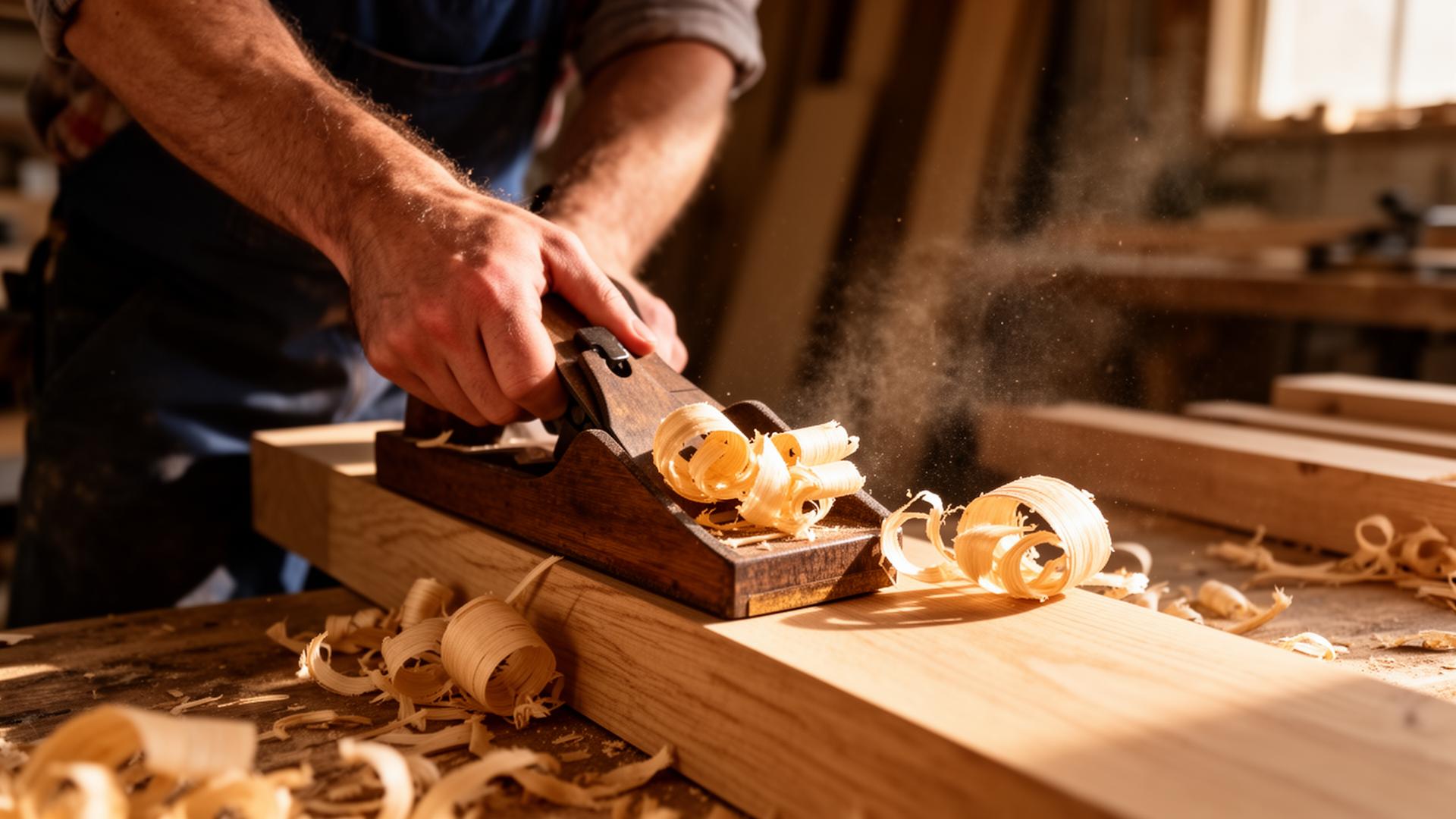 Craftsman hand-planing oak in the Benjamin Henry Ltd workshop